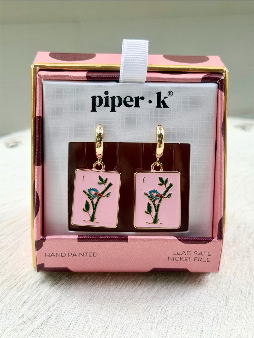 Piper K Mahjong Tile Huggie Drop Earrings Pink Enamel Gold Nickel Free Twee NIB